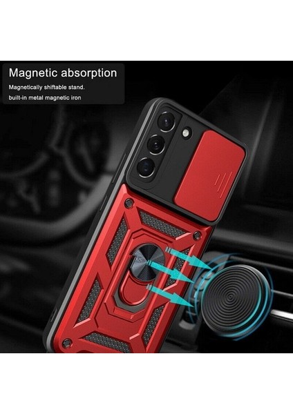 Samsung Galaxy S23 Plus Uyumlu Kılıf Kamera Korumalı Sürgülü Yüzüklü Armor Military Tank Kırmızı fırsatları