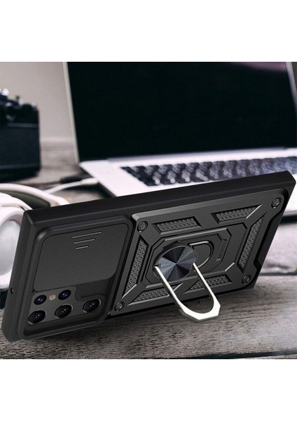 Samsung Galaxy S23 Plus Uyumlu Kılıf Kamera Korumalı Sürgülü Yüzüklü Armor Military Tank Siyah fiyatları