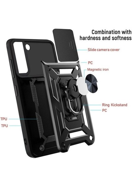 Samsung Galaxy S23 Plus Uyumlu Kılıf Kamera Korumalı Sürgülü Yüzüklü Armor Military Tank Lacivert indirimleri