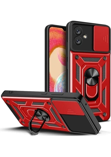 Case 4U Samsung Galaxy A04E Uyumlu Kılıf Kamera Korumalı Sürgülü Yüzüklü Armor Military Tank Kırmızı