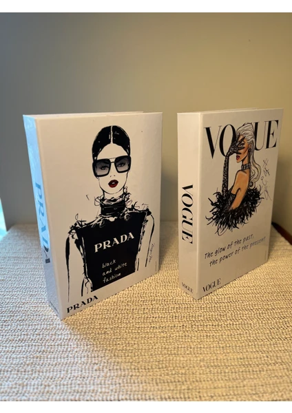 Saccura Dekor Dekoratif Kitap Kutusu 2 Li Set Prada & Vogue Siyah Beyaz Dekoratif Kutu