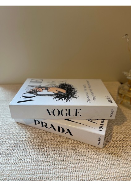 Saccura Dekor Dekoratif Kitap Kutusu 2 Li Set Prada & Vogue Siyah Beyaz Dekoratif Kutu