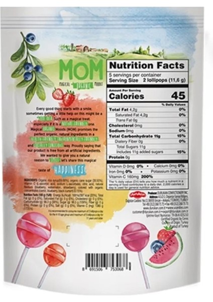 Mom; Magical Organic Moods, (Çilek, Karpuz, Yaban Mersini ve C Vitamini) Top Lolipop 5,8 gr x 10 Adet/1 Paket.