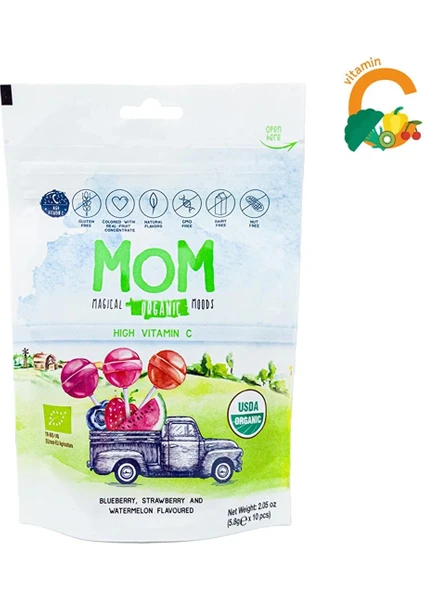 Mom; Magical Organic Moods, (Çilek, Karpuz, Yaban Mersini ve C Vitamini) Top Lolipop 5,8 gr x 10 Adet/1 Paket.