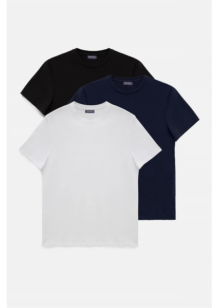 Çetinkaya Mentality Pamuk Erkek Slim Fit Bisiklet Yaka 3'lü Siyah-Beyaz-Lacivert Tişört Paketi 2772B