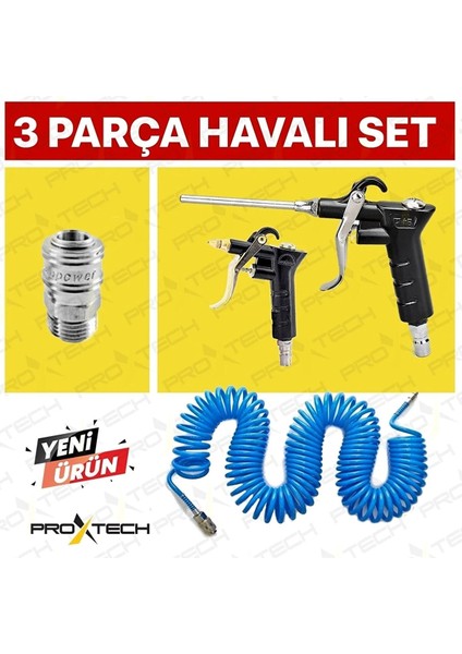 Kompresör Spiral Hava Hortumu 8 mm 15 mt Hava Jakı Hava Tabancası Recor 3 Pcs Seti