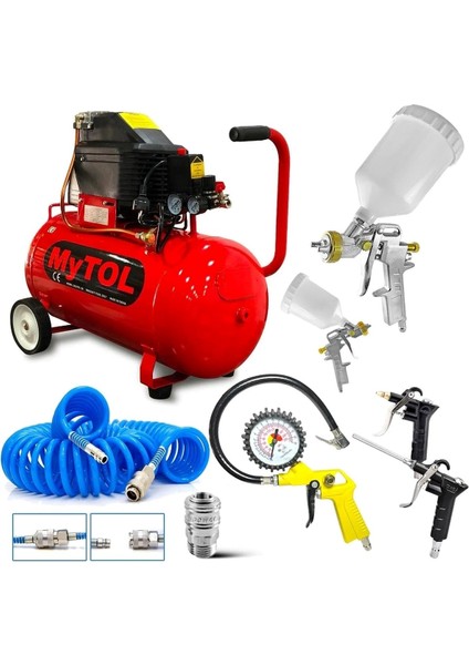 50 Litre Hava Kompresörü 2hp 8bar 15MT Spiral Hortum Havatabancası- Jakları Full- Fırsat Paket