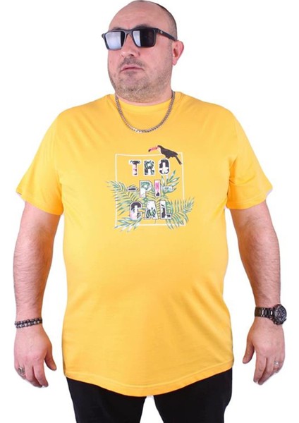 Büyük Beden Sıfır Yaka Tişört Tropical 23114 Sarı