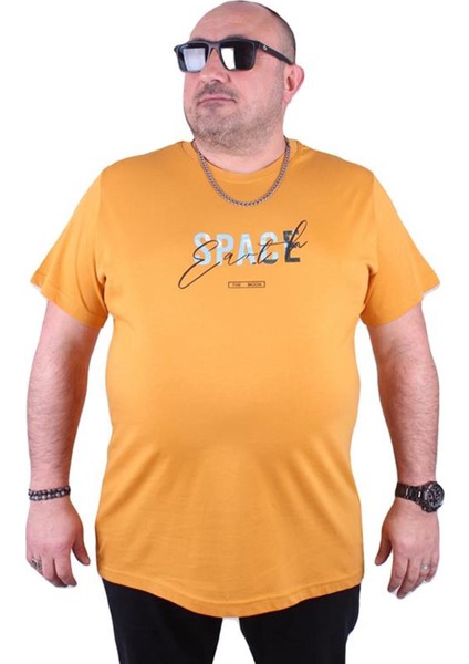 Büyük Beden Erkek Sıfır Yaka Tişört Space 23123 Hardal
