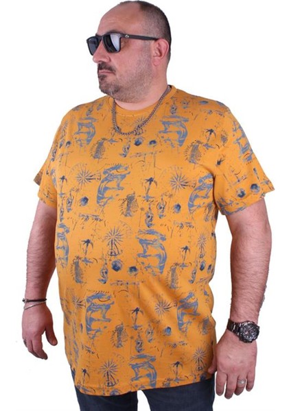 Büyük Beden Sıfır Yaka Tişört Compass Holiday 23151 Hardal