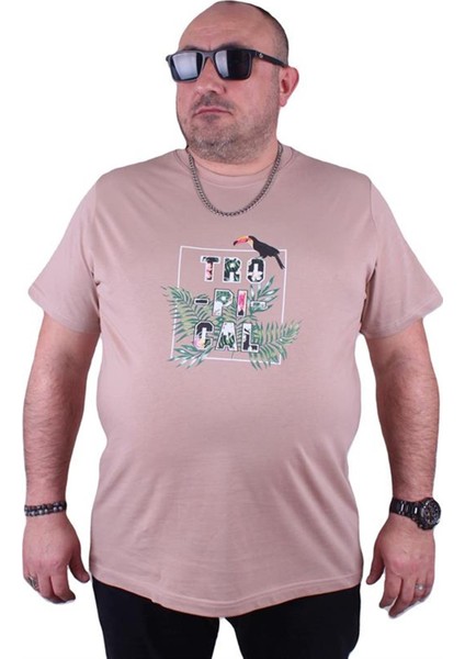 Büyük Beden Sıfır Yaka Tişört Tropical 23114 Bej