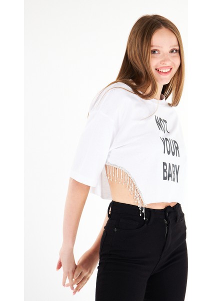 AS Anita Store Yanı Sallantılı Taş Detaylı Not Your Baby Baskılı Oversize Crop T-Shirt