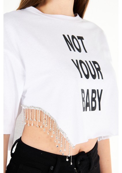 AS Anita Store Yanı Sallantılı Taş Detaylı Not Your Baby Baskılı Oversize Crop T-Shirt