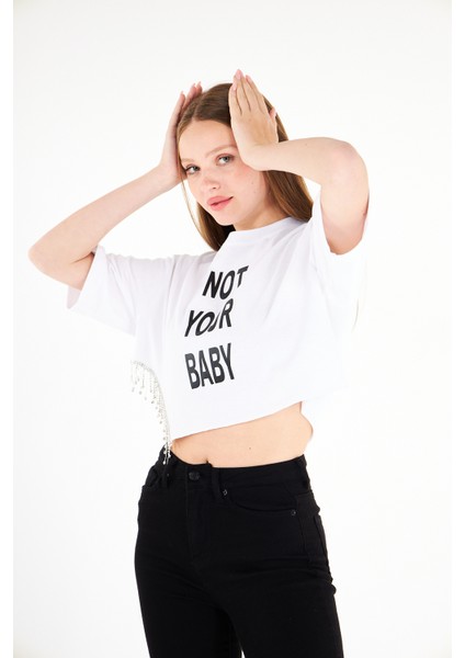 AS Anita Store Yanı Sallantılı Taş Detaylı Not Your Baby Baskılı Oversize Crop T-Shirt