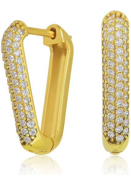 Gümüş Gold Beyaz Taşlı Üçgen Küpe