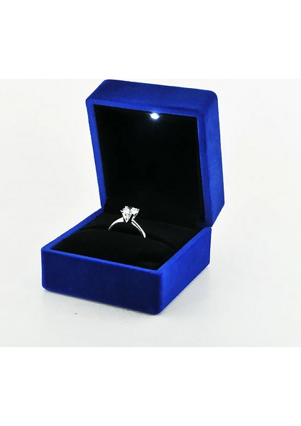 Işıklı Mavi Renk Kadife Yüzük ve Alyans Kutusu