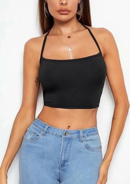 Kadın Düz Yaka Sırt Açık Siyah Super Crop Top Bluz