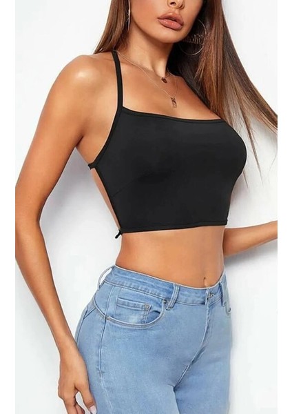 Kadın Düz Yaka Sırt Açık Siyah Super Crop Top Bluz