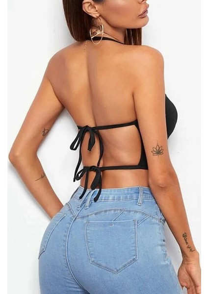 Kadın Düz Yaka Sırt Açık Siyah Super Crop Top Bluz