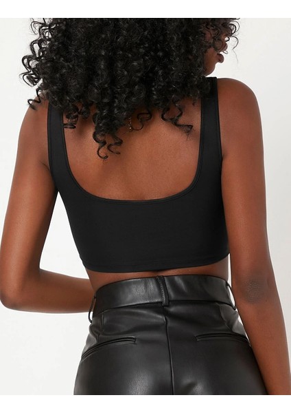 Kadın Kare Yaka Siyah Slim Fit Mini Crop Top Bluz