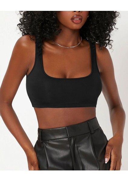 Kadın Kare Yaka Siyah Slim Fit Mini Crop Top Bluz