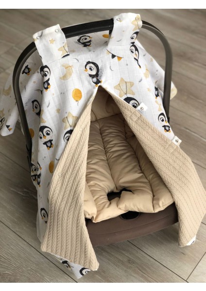 Penguenler Müslin Bej Örgü Pike Çift Yönlü Puset Örtüsü