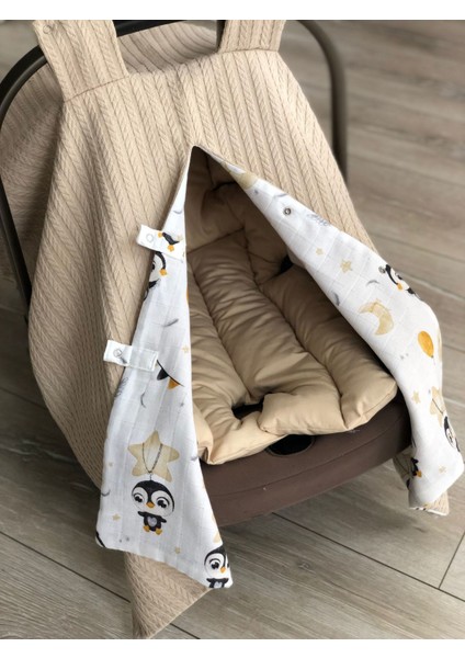 Penguenler Müslin Bej Örgü Pike Çift Yönlü Puset Örtüsü modelleri