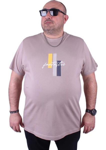 Büyük Beden Erkek Sıfır Yaka Tişört Fantastic 23121 Toprak fiyatları