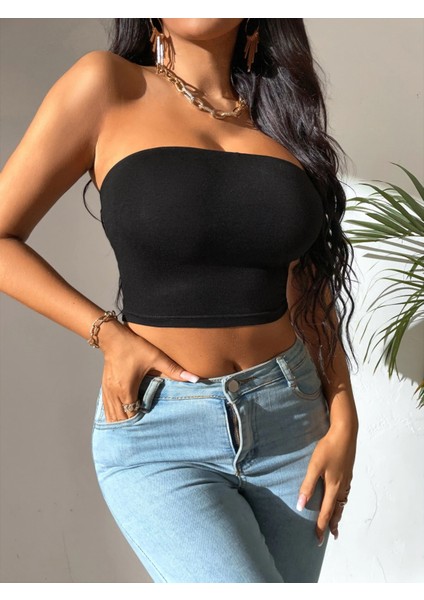 Kadın Siyah Straplez Crop Top Bluz