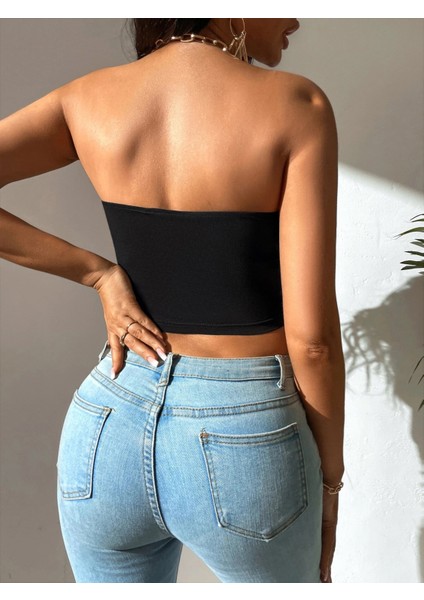 Kadın Siyah Straplez Crop Top Bluz