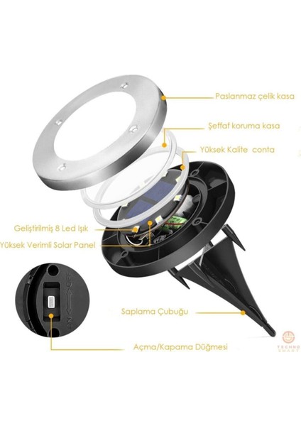 Solar Güneş Enerjili 8 Ledli Kazıklı Çim Zemin Bahçe Aydınlatma 3 W Gün Işığı Sarı LED ( 4 Lü Set )