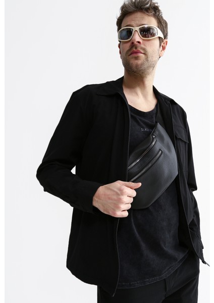 Loose Fit Gömlek Yaka Düz Siyah Erkek Gömlek E-Malıse