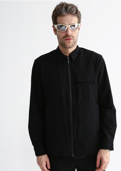 Loose Fit Gömlek Yaka Düz Siyah Erkek Gömlek E-Malıse modelleri