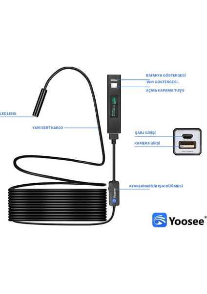 Wifi & USB LED Tel Yılan 1080P Full Hd Endoskop Su Geçirmez Kamera 5 mt