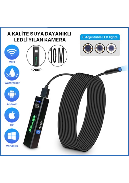 Wifi & USB LED Tel Yılan 1080P Full Hd Endoskop Su Geçirmez Kamera 5 mt