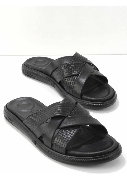 Siyah Baskılı Leather Erkek Terlik E04322055903