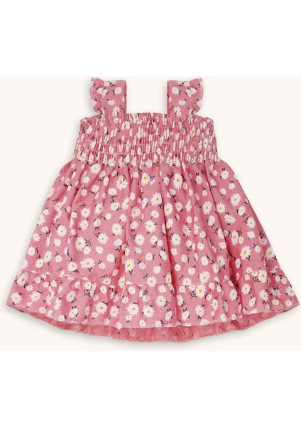 Papatya Baskılı Fırfırlı Askılı Elbise