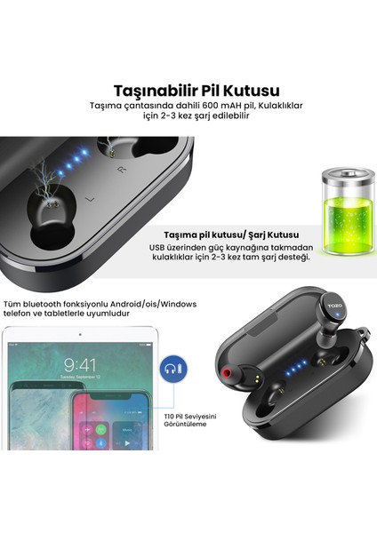 T10S Stereo Ipx8 Su Geçirmez Kablosuz Şarj Özellikli Anc Gürültü Engelleyici Kablosuz 5.3 Bluetooth Kulaklık( Tozo Türkiye Garantili )