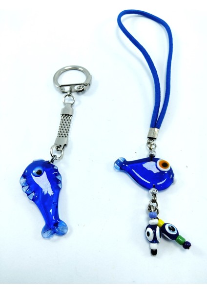 Balık Nazar Boncuğu Anahtarlık + Balık Nazar Boncuğu Dikiz Ayna Süsü El Yapımı Cam Ikili Hediye Seti