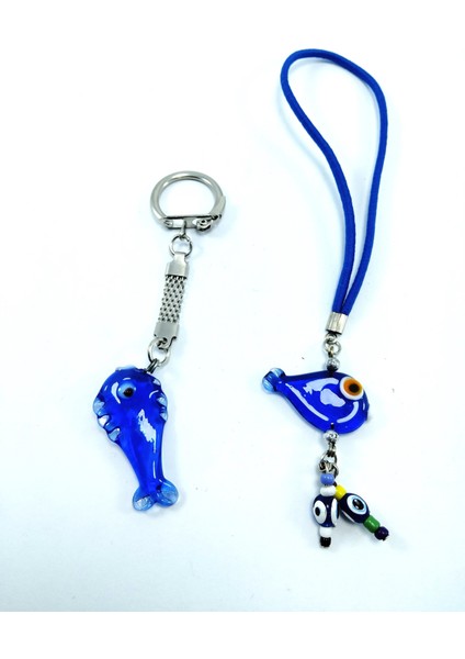 Balık Nazar Boncuğu Anahtarlık + Balık Nazar Boncuğu Dikiz Ayna Süsü El Yapımı Cam Ikili Hediye Seti fiyatları