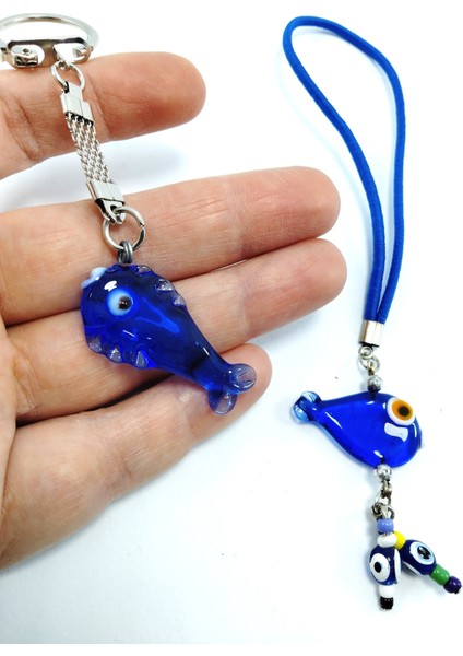 Balık Nazar Boncuğu Anahtarlık + Balık Nazar Boncuğu Dikiz Ayna Süsü El Yapımı Cam Ikili Hediye Seti modelleri