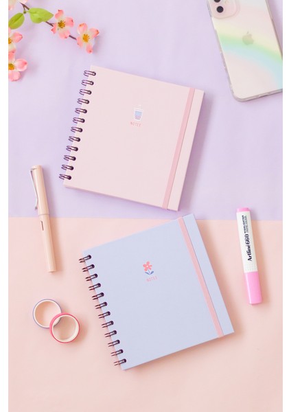 Matt Notebook 15X15 cm Kare 2'li Set Spiralli Kareli Tarihsiz Not Defteri Bubble Tea Çiçek