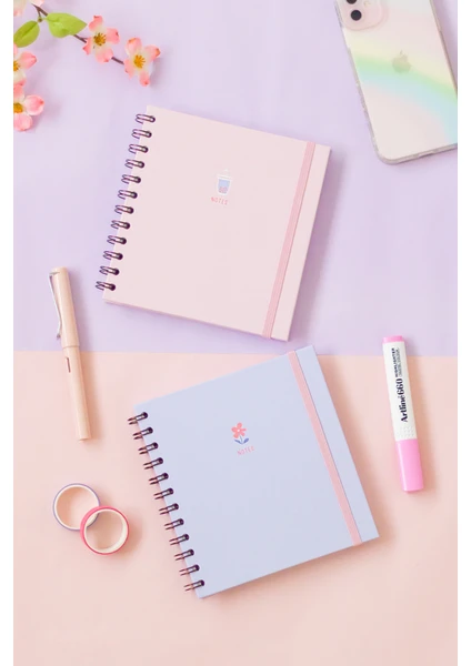 Matt Notebook 15X15 cm Kare 2'li Set Spiralli Kareli Tarihsiz Not Defteri Bubble Tea Çiçek