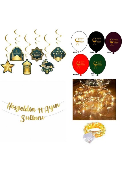 11 Ayın Sultanı Yazılı Goldbanner 5 Adet Renkli Balon 6 Adet Asmalı Tavan Sarkıt ve Işıklı Peri LED