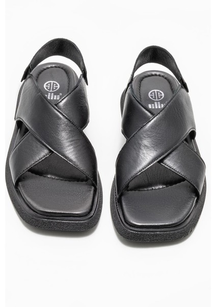 Siyah Deri Kadın Düz Sandalet modelleri