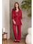 2810 Kadın Dantelli Penye Sabahlıklı Pijama Takım-Bordo 1