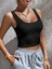 Kadın Kare Yaka Siyah Slim Fit Crop Top Bluz 4