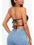 Kadın Düz Yaka Sırt Açık Siyah Super Crop Top Bluz 3
