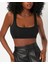 Kadın Kare Yaka Siyah Slim Fit Mini Crop Top Bluz 1