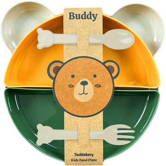 Tucklebery Buddy Mama Tabağı Seti, 1 Ayıcık Tabak + 4 Kase + Çatal-Kaşık, Bebek ve Çocuklar İçin Yemek Takımı, BPA İçermez (Bej Sarı Yeşil)